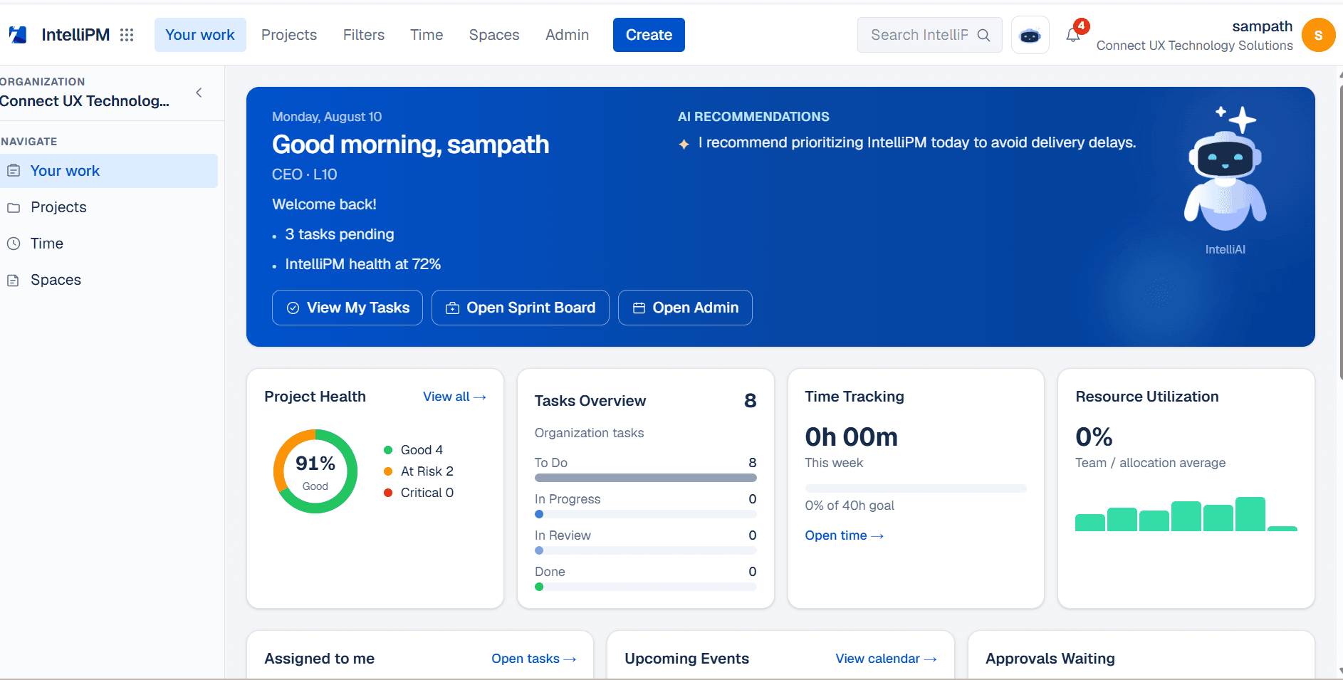 IntelliPM project management dashboard